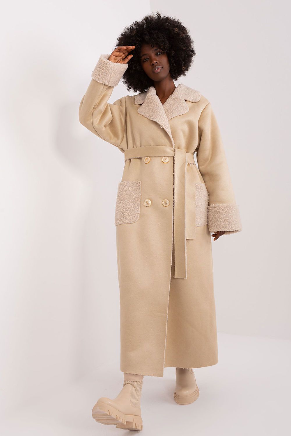 Teddy tie belt coat long