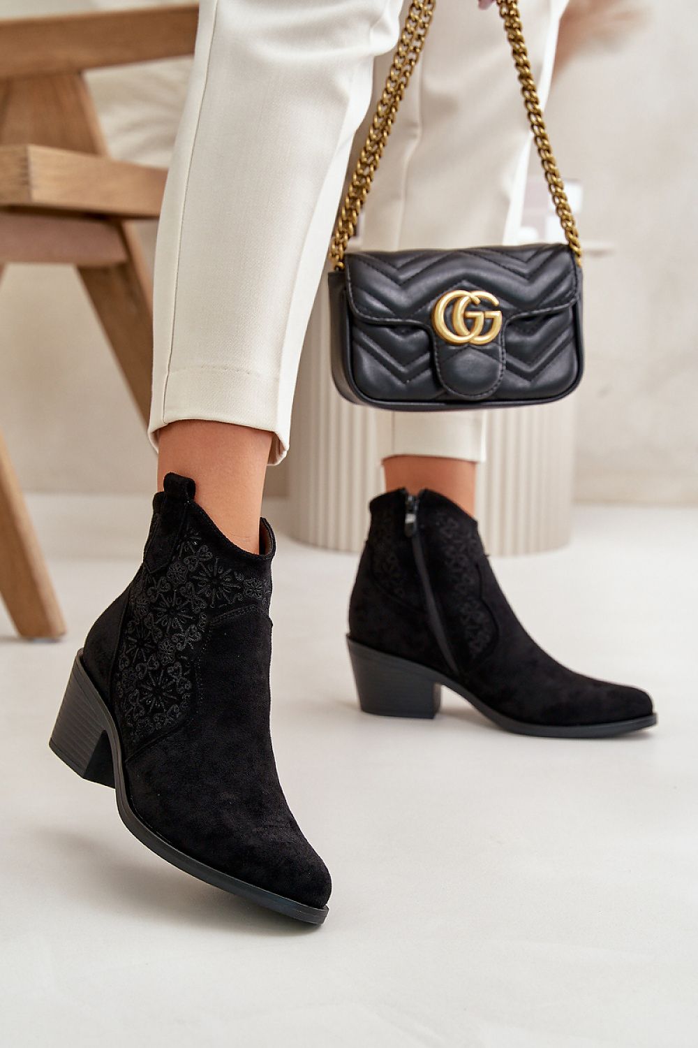 Suede embroidered ankle boots