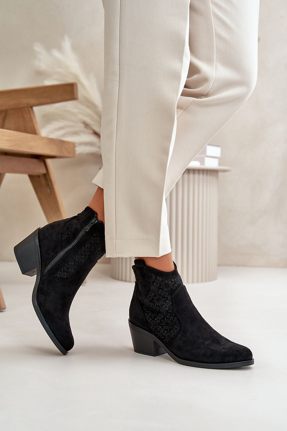 Suede embroidered ankle boots